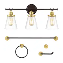 Jonathan Y - Hollis 23.75" 3-Light Vanity Light with Bathroom Hardware Accessory Set, (5-Piece) - Oil Rubbed Bronze/Gold Painting
