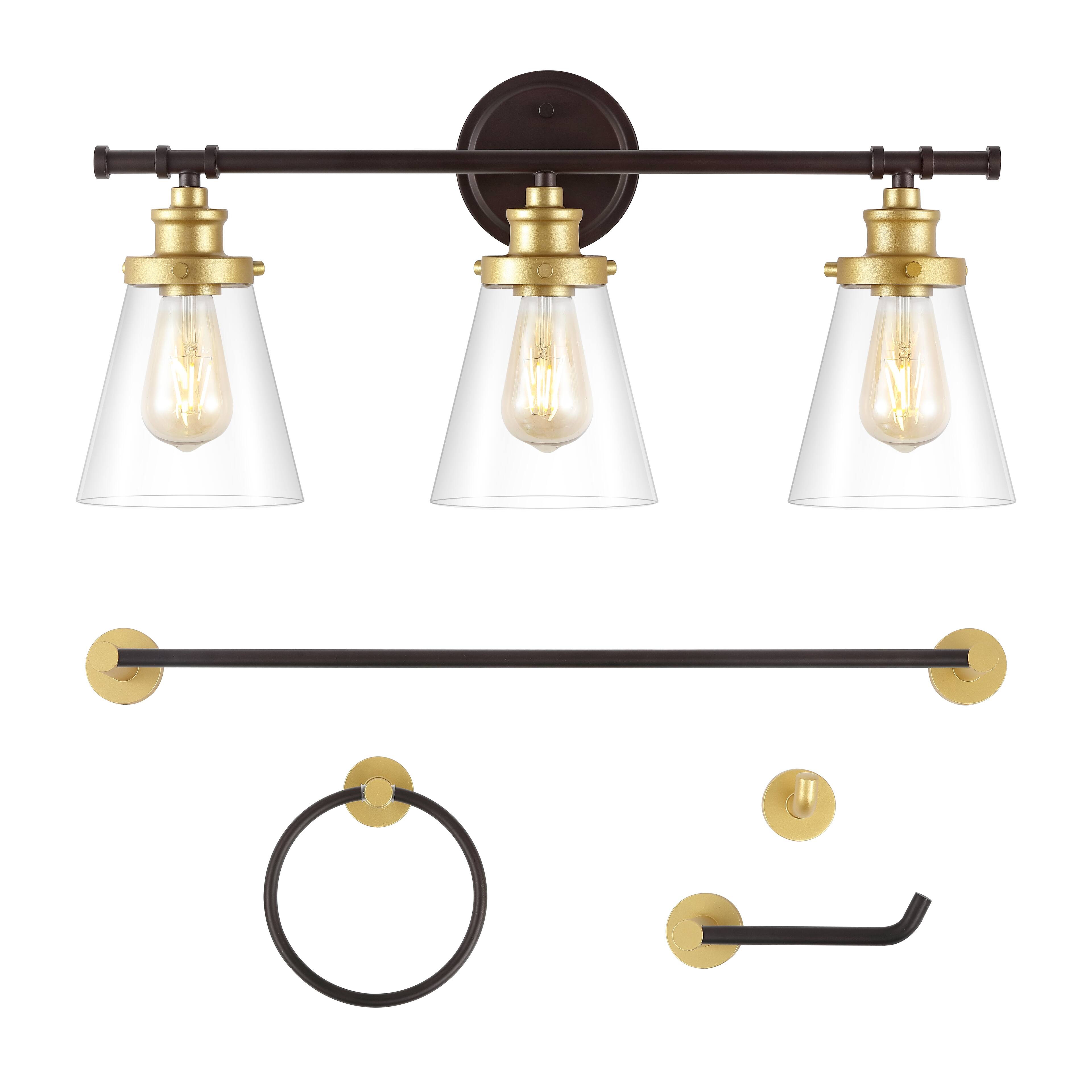 Front. Jonathan Y - Hollis 23.75" 3-Light Vanity Light with Bathroom Hardware Accessory Set, Oil Rubbed Bronze/Gold Painting (5-Piece) - Oil Rubbed Bronze/Gold Painting.