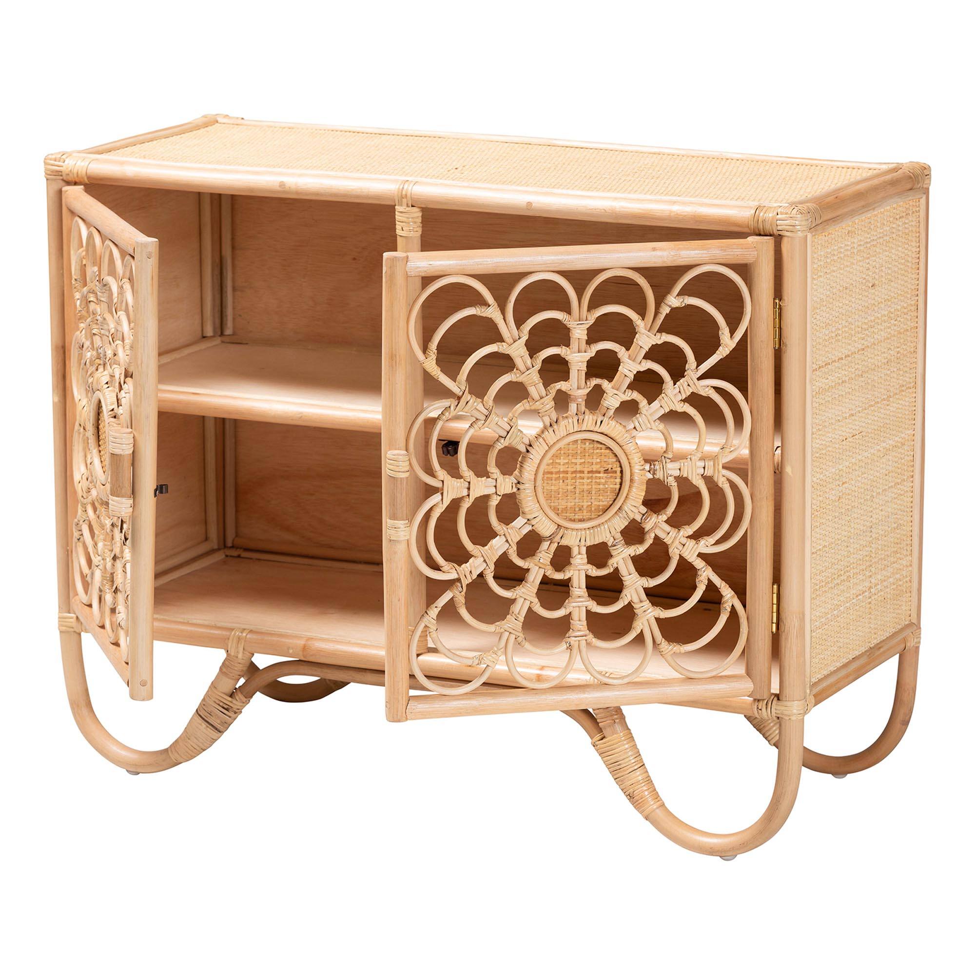Angle. bali & pari - Acelin Natural Rattan Storage Cabinet - Handcrafted Boho Accent Console with Floral Woven Doors, Wicker Sideboard - Natural.
