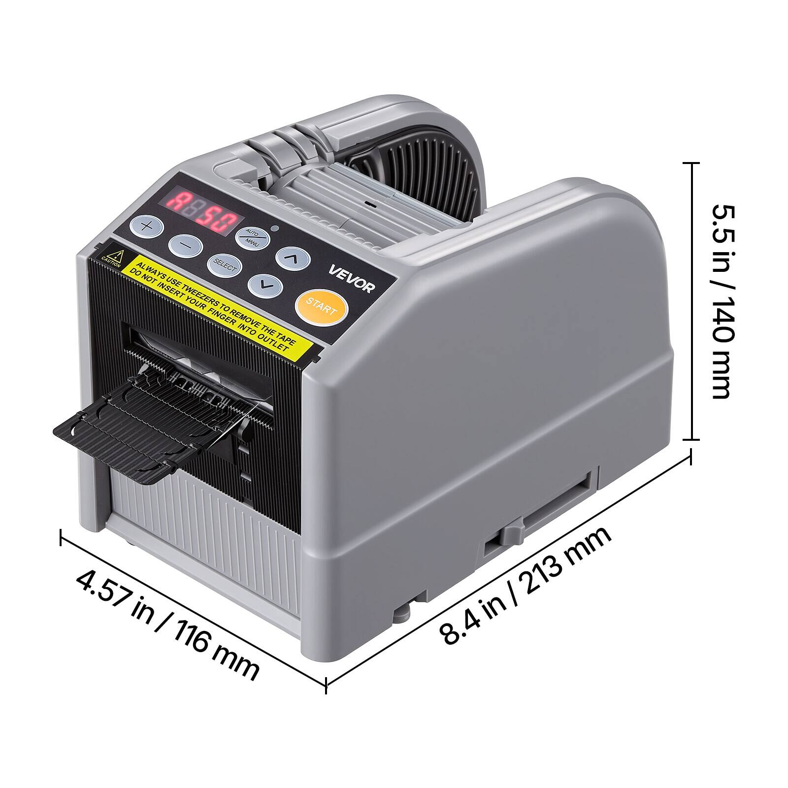 R860 A 02 OTUA LIMM CAUTION SELECT 7 DO ALWAYS NOT USE TWEERS TO REMOVE YOUR FINGER INTO THE TAPE OUTLET 4.57 in / 116 mm

213 mm in / 8.4

5.5 in / 140 mm