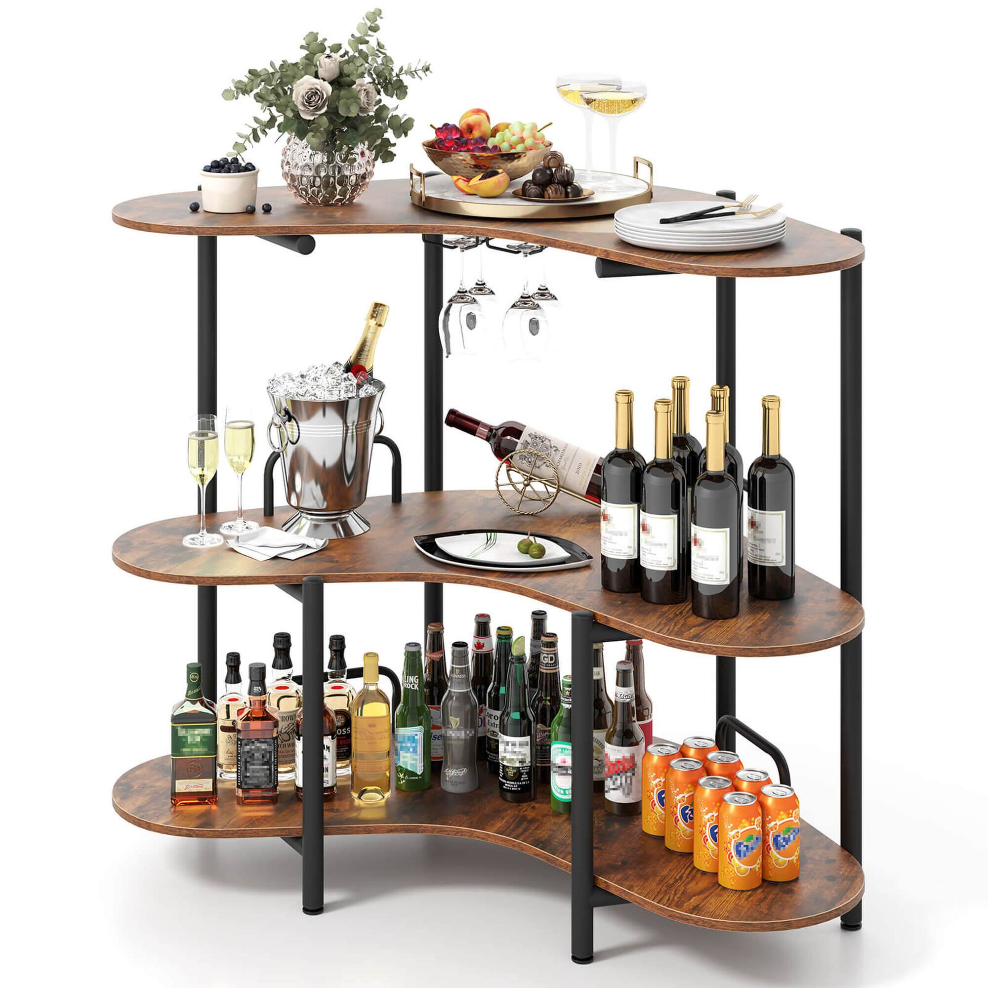 Angle. Costway - Costway 3-Tier Home Bar Unit with Stemware Racks & Storage Shelves with Metal Frame Brown - Brown.