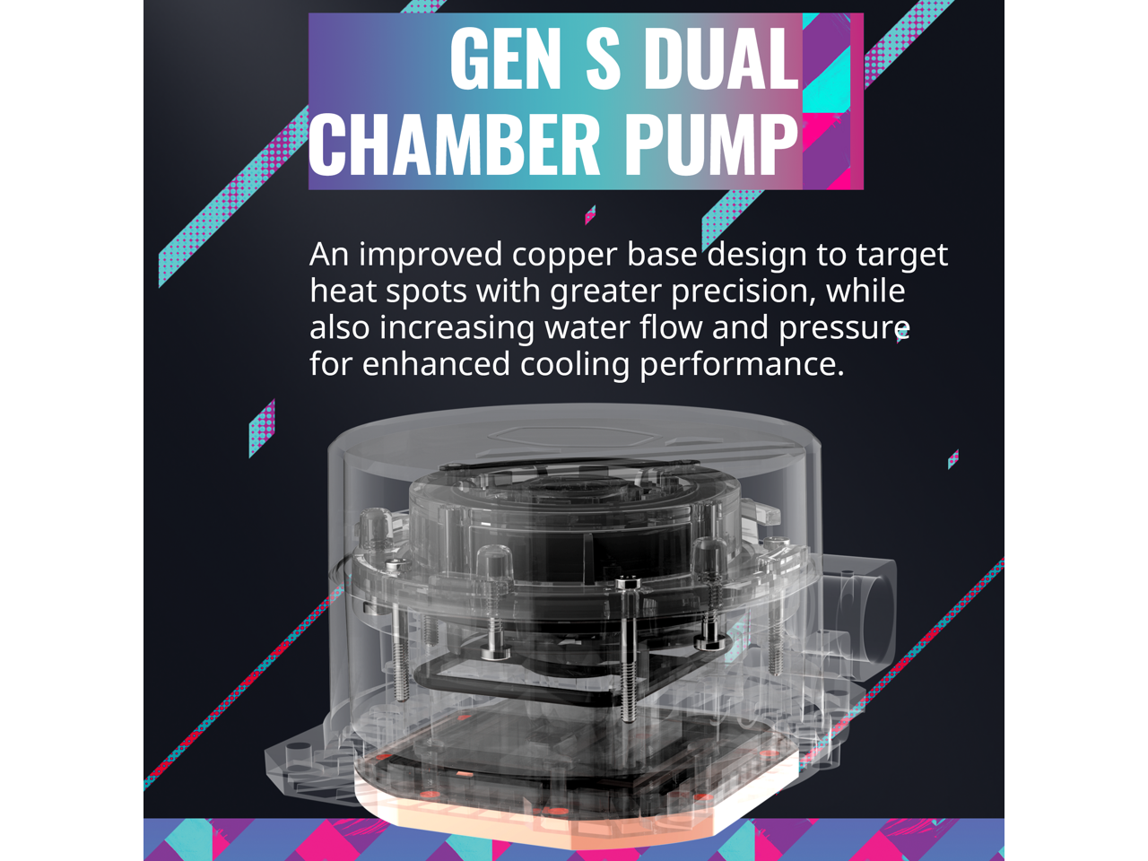 GEN S DUAL CHAMBER PUMP

An improved copper base design to target heat spots with greater precision, while also increasing water flow and pressure for enhanced cooling performance.