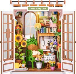 Robotime - Rolife 6 hrs DIY Book Nook Kit, Secret Bloomy Nook TGE04 3D Wooden Puzzle Floristry Garden, Bookend with Touch LED Light - Brown