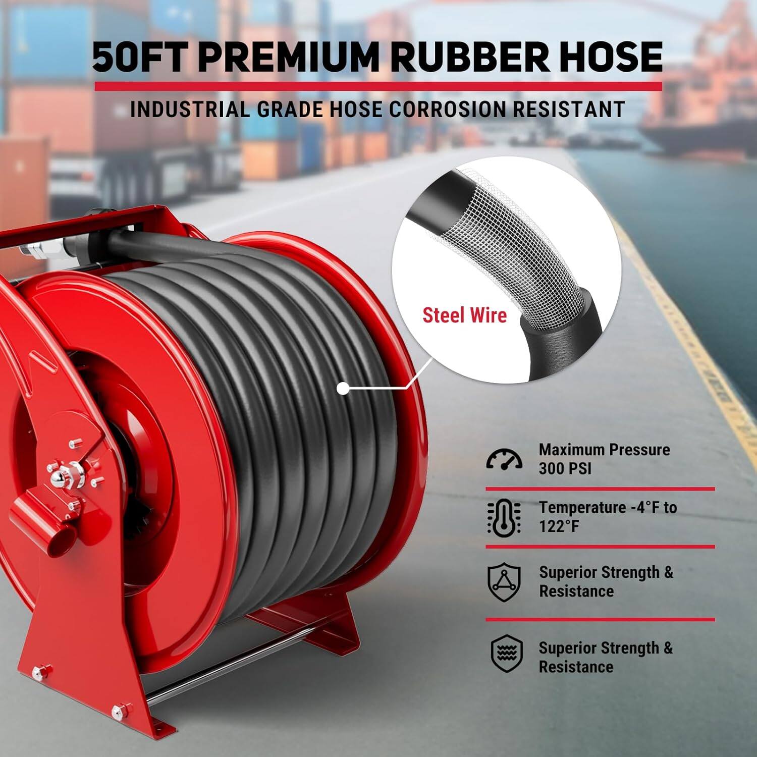 50FT PREMIUM RUBBER HOSE  
INDUSTRIAL GRADE HOSE CORROSION RESISTANT  

- Steel Wire  
- Maximum Pressure: 300 PSI  
- Temperature: -4°F to 122°F  
- Superior Strength & Resistance  
- Superior Strength & Resistance