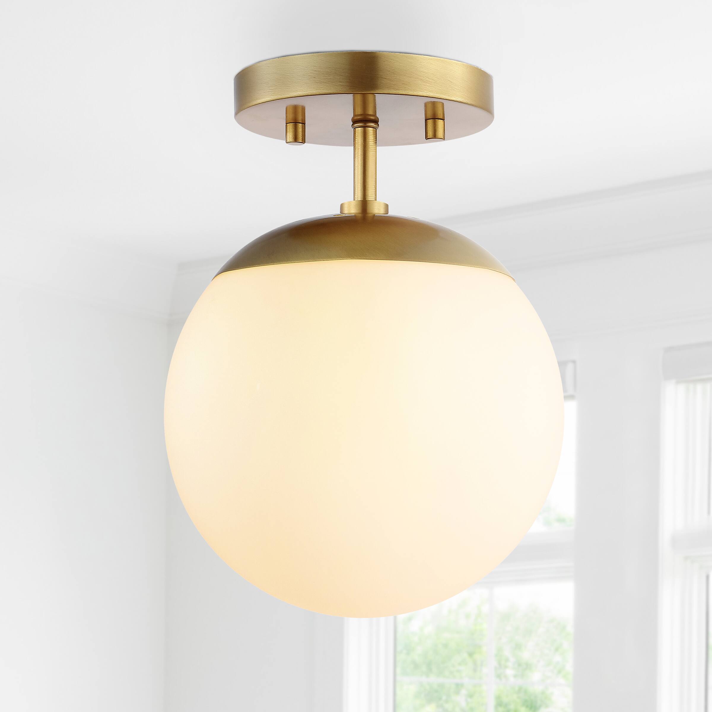 Alt View 1. Jonathan Y - Marcel Bistro 7.75" 1-Light Bohemian Farmhouse Iron/Frosted Glass LED Semi Flush Mount, Brass Gold/White - Brass Gold.