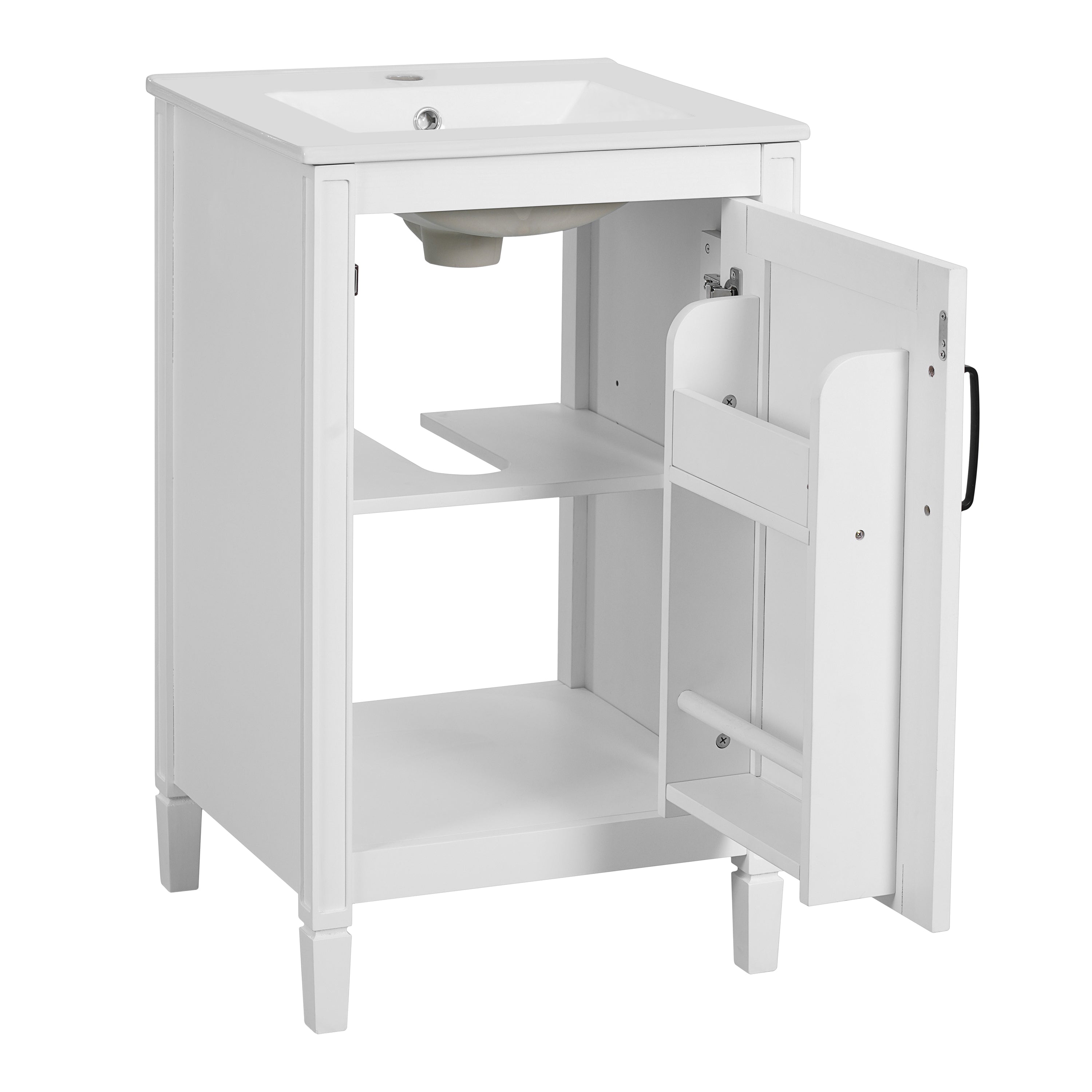 Left. Boyel Living - 20 Inch White Bathroom Vanity with Ceramic Sink Soft Close Door Adjustable U Shaped Shelf and Door Storage Rack - White.