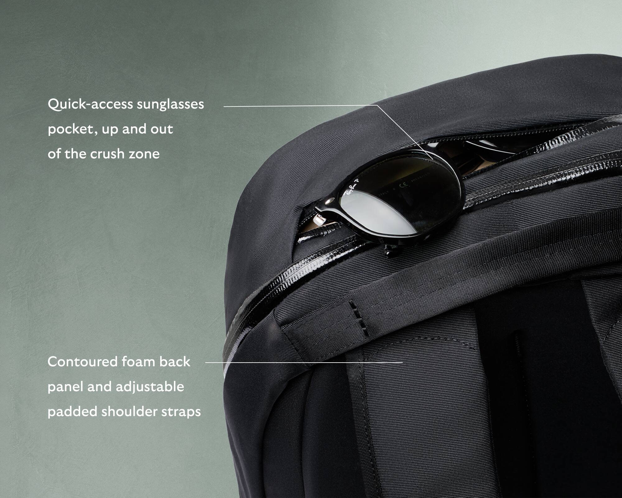 The text on the image reads: "Quick-access sunglasses pocket, up and out of the crush zone. Contoured foam back panel and adjustable padded shoulder straps."
