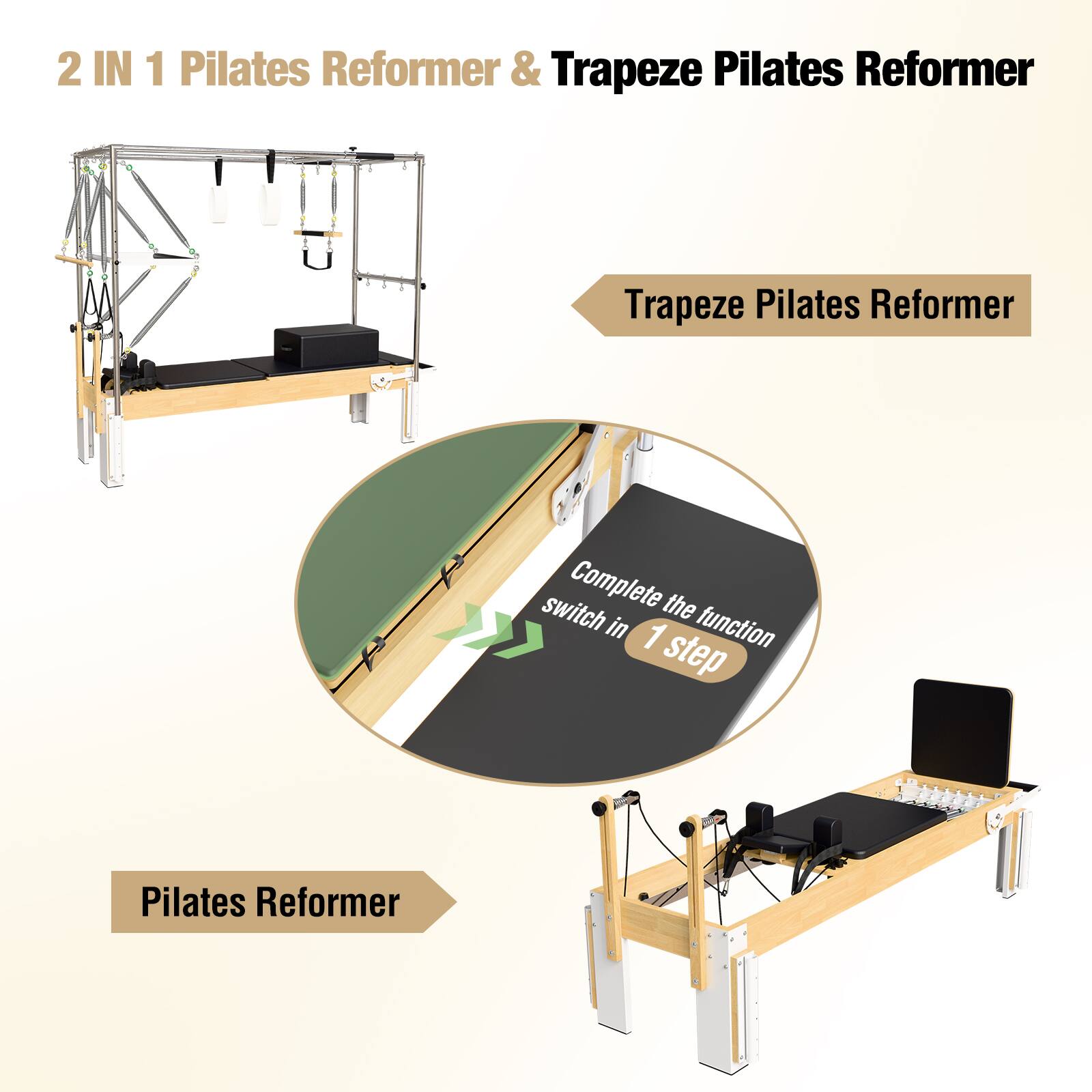 2 IN 1 Pilates Reformer & Trapeze Pilates Reformer

Trapeze Pilates Reformer

Complete the function switch in 1 step

Pilates Reformer