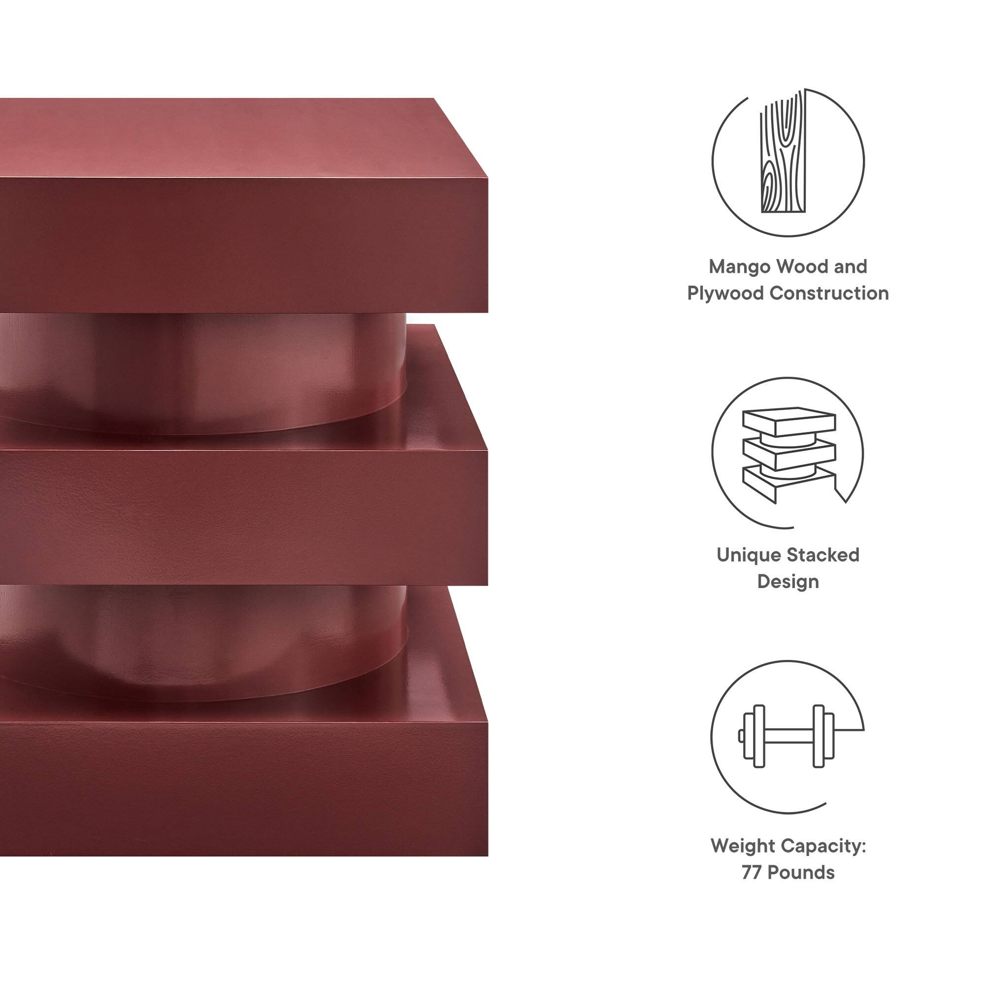 Mango Wood and Plywood Construction  
Unique Stacked Design  
Weight Capacity: 77 Pounds