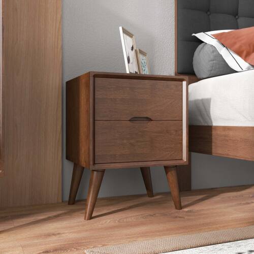 Front. LUCKY ONE - 24.8" Assembled Mid Century Nightstand 2-Drawer Solid Wood Walnut - Walnut Brown.