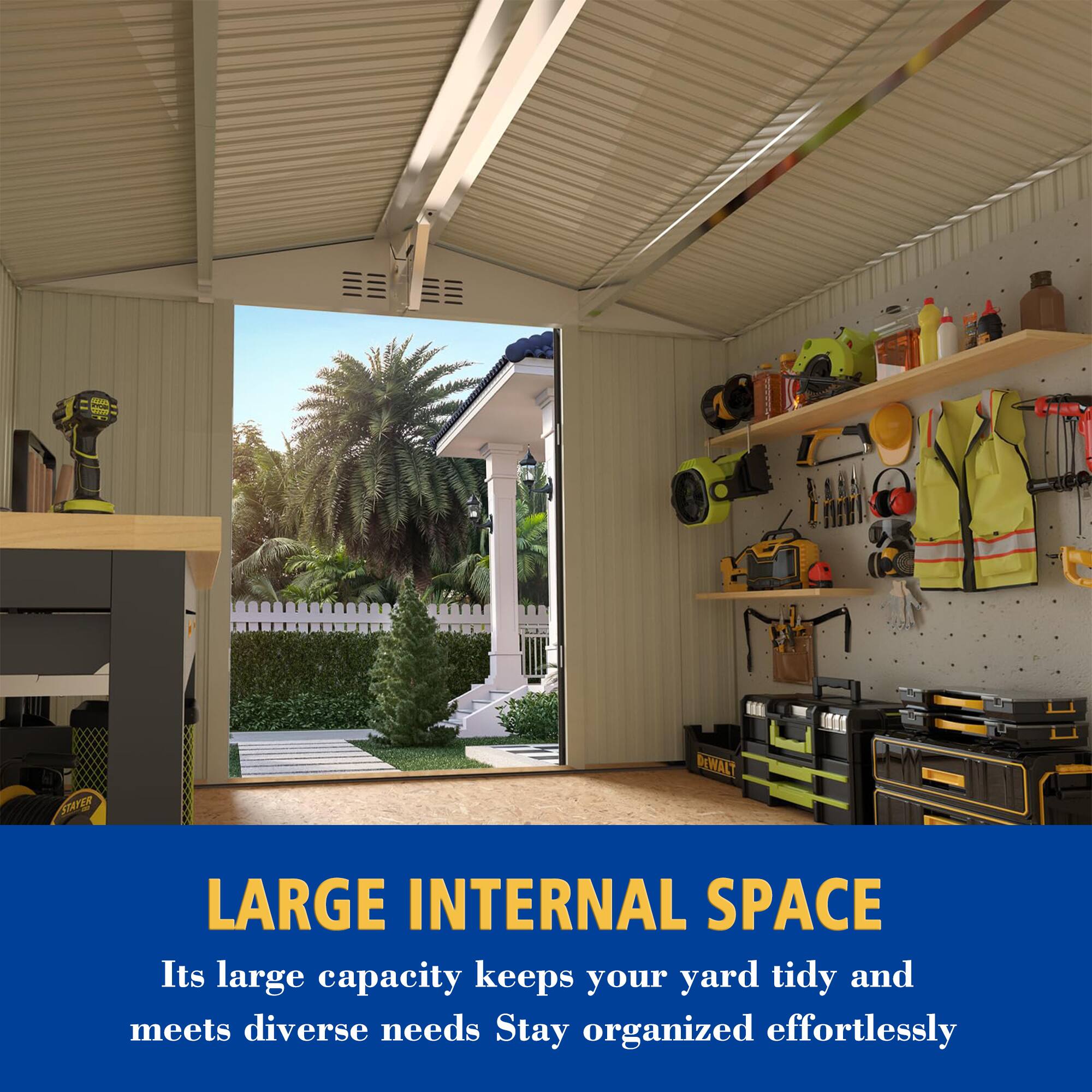 RAO 2m  
DEWALT LARGE INTERNAL SPACE  
Its large capacity keeps your yard tidy and meets diverse needs. Stay organized effortlessly.