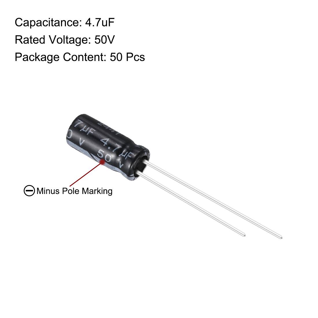 Capacitance: 4.7uF  
Rated Voltage: 50V  
Package Content: 50 Pcs  

Minus Pole Marking