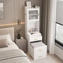 WELLFOR - Makeup Vanity with Flip‑Top Mirror & Built‑in Charging Station,Dressing Table with Glass Cabinet, Rolling Storage Stool - White