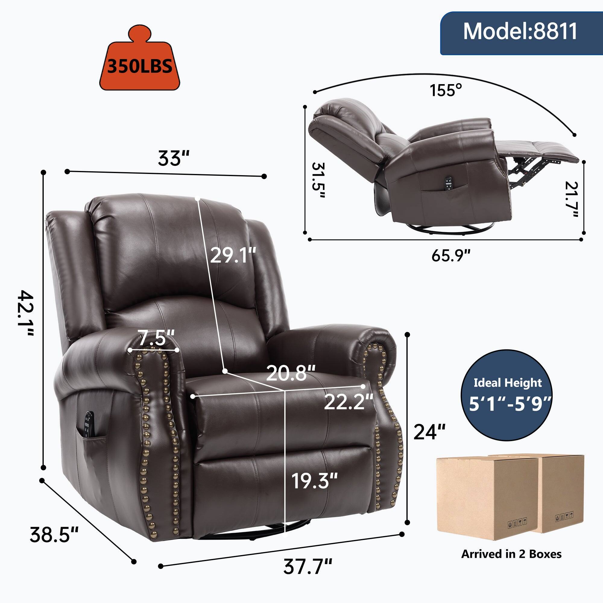 Model: 8811  
350LBS  
Dimensions:  
- Height: 33"  
- Width: 42.1"  
- Depth: 38.5"  
- Seat Height: 20.8"  
- Seat Depth: 22.2"  
- Armrest Height: 29.1"  
- Back Height: 31.5"  
- Reclined Length: 65.9"  
- Reclined Width: 21.7"  
- Reclined Depth: 29.1"  
- Ideal Height: 5'1" - 5'9"  
- Arrived in 2 Boxes