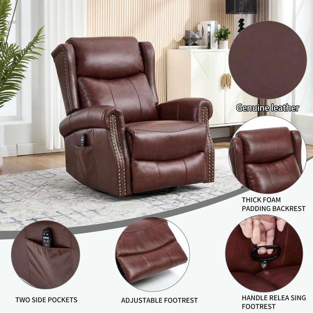 - Genuine leather
- Thick foam padding backrest
- Two side pockets
- Adjustable footrest
- Handle release footrest