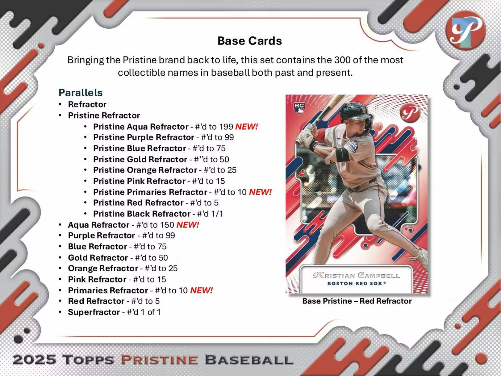 Base Cards  
Bringing the Pristine brand back to life, this set contains the 300 of the most collectible names in baseball both past and present.

Parallels  
- Refractor  
- Pristine Refractor  
  - Pristine Aqua Refractor - #’d to 199 NEW!  
  - Pristine Purple Refractor - #’d to 99  
  - Pristine Blue Refractor - #’d to 75  
  - Pristine Gold Refractor - #’d to 50  
  - Pristine Orange Refractor - #’d to 25  
  - Pristine Pink Refractor - #’d to 15  
  - Pristine Primaries Refractor - #’d to 10 NEW!  
  - Pristine Red Refractor - #’d to 5  
  - Pristine Black Refractor - #’d 1/1  
- Aqua Refractor - #’d to 150 NEW!  
- Purple Refractor - #’d to 99  
- Blue Refractor - #’d to 75  
- Gold Ref