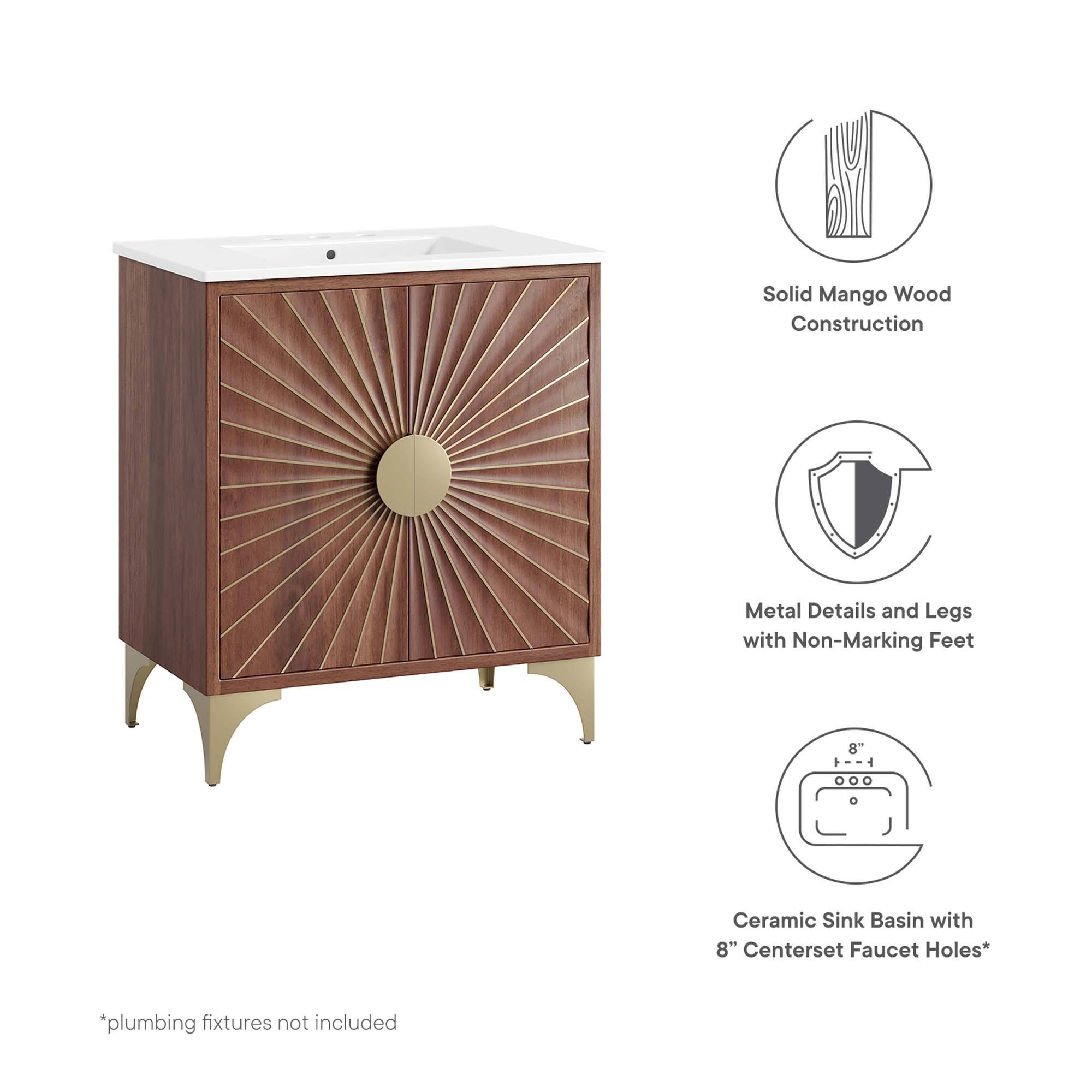 Solid Mango Wood Construction  
Metal Details and Legs with Non-Marking Feet  
8 Ceramic Sink Basin with 8" Centerset Faucet Holes*  
*plumbing fixtures not included