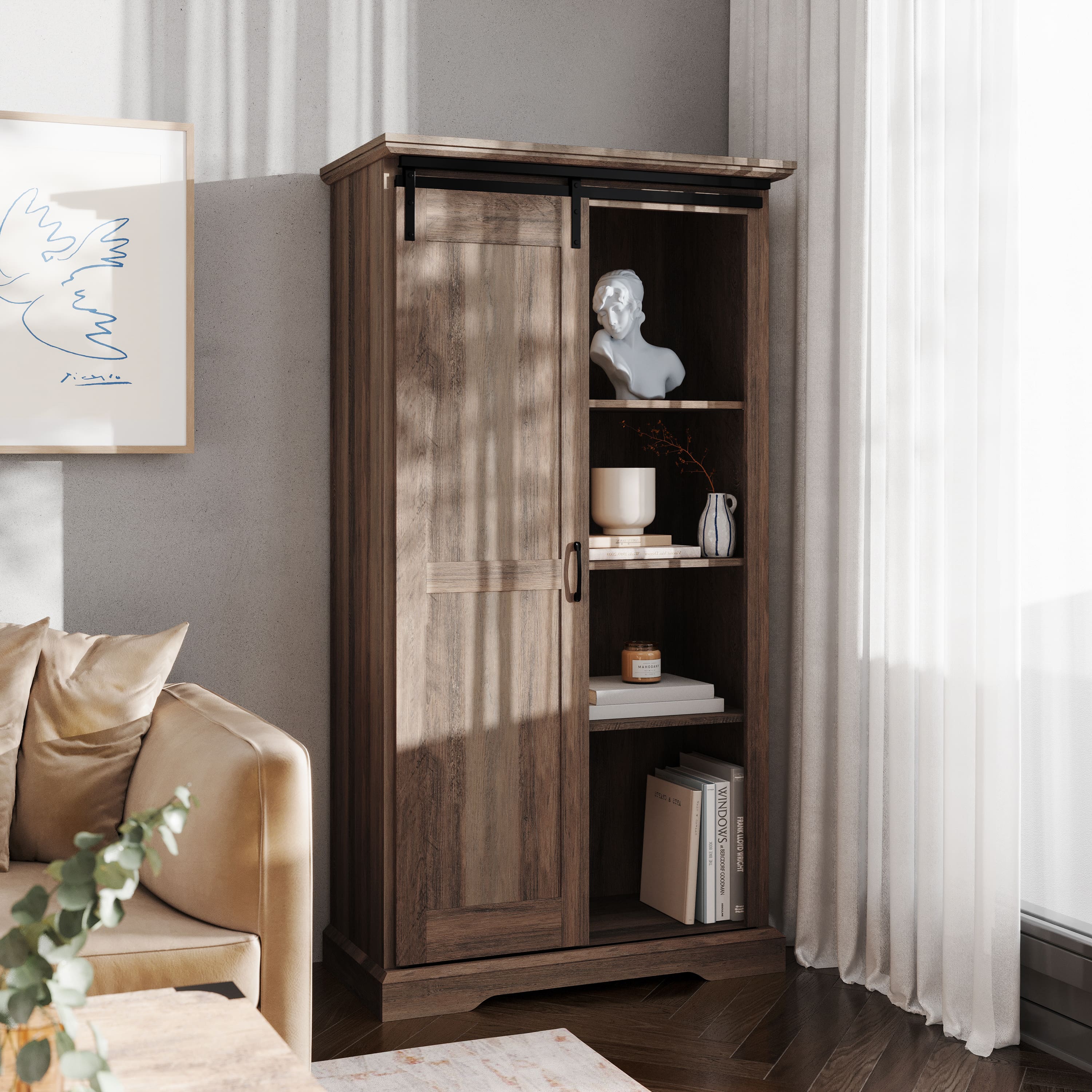 Emma + Oliver - Livia Farmhouse Storage Cabinet with Sliding Barn Door, Adjustable Height and Fixed Shelving - Graywash