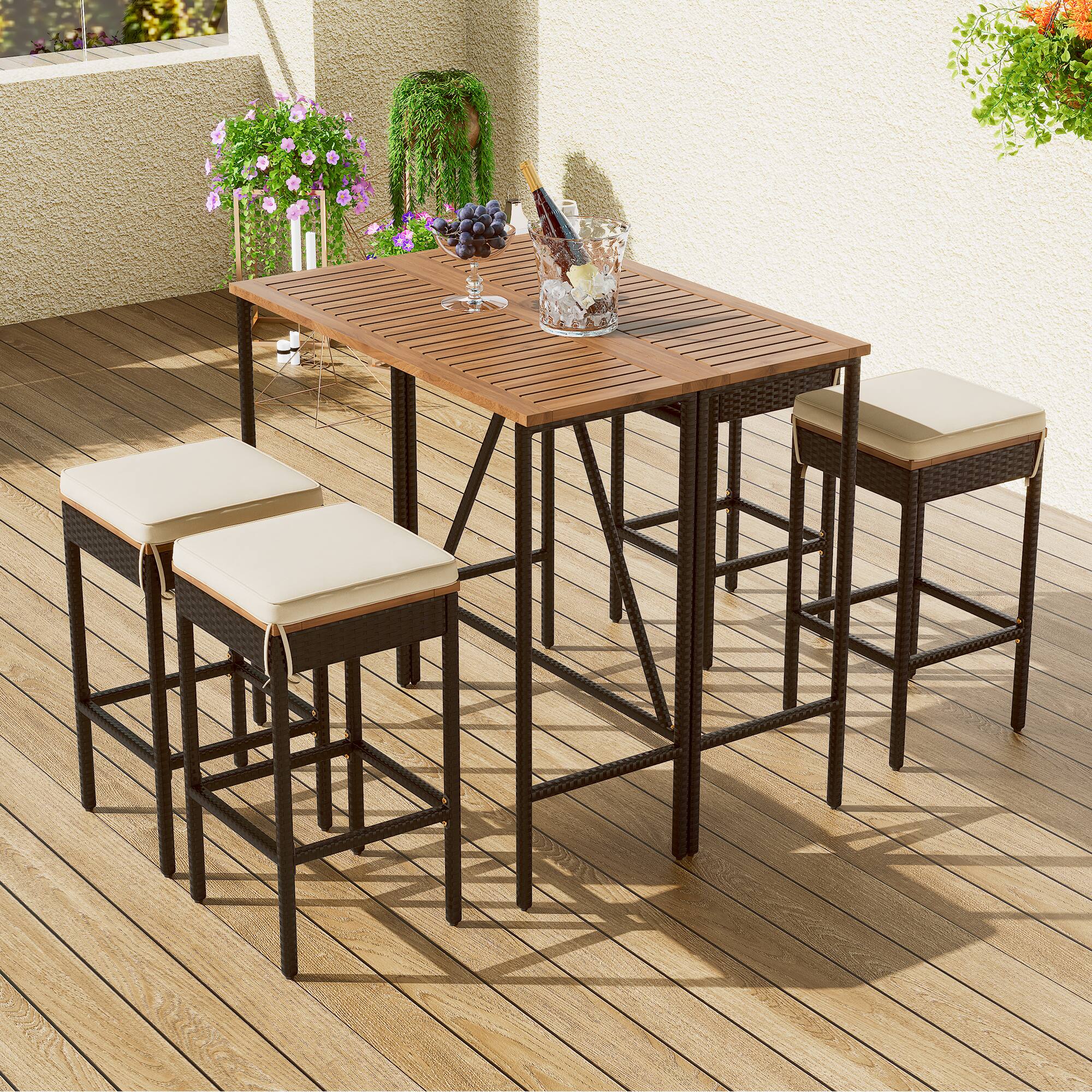 Angle. Mondawe - 5-Piece Outdoor Acacia Wood PE Rattan Wicker Bar Height Table And Four Stools With Cushions - Brown.
