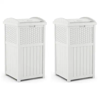 Front. Suncast - Suncast Wicker Resin Outdoor Hideaway Trash Can Bin with Latching Lid (2 Pack) - White.
