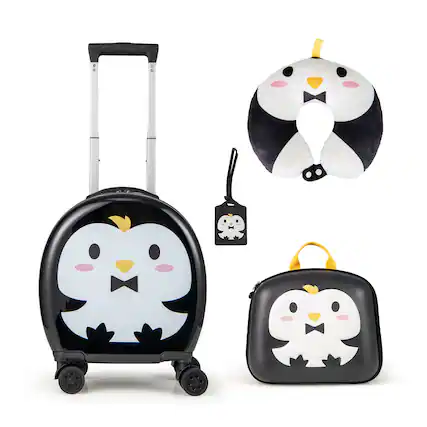 Front. Gymax - Gymax 4-Piece Kid's Luggage Set w/ 14'' Carry-on Hardside Spinner Toddler Luggage Black - Black, White.