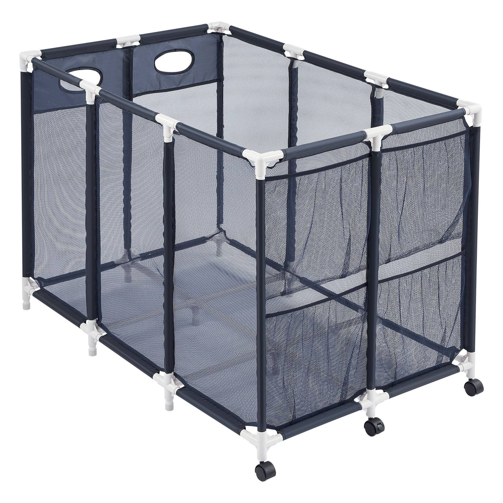 Alt View 5. VEVOR - Pool Storage Bin, 47.2 x 30.2 x 34 in, Rolling Pool Float Storage Organizer with Side Pockets & Casters - White Frame, White Connectors & Blue Mesh Fabric.