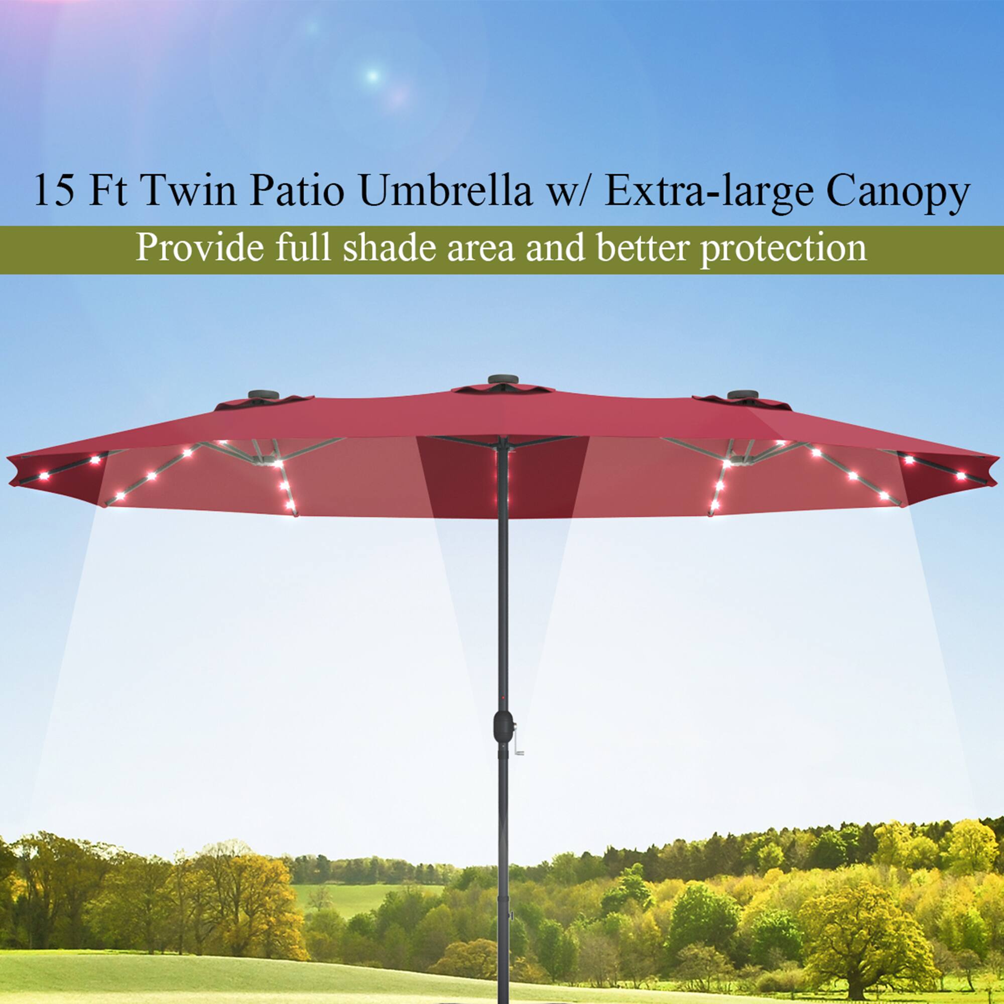 15 Ft Twin Patio Umbrella w/ Extra-large Canopy  
Provide full shade area and better protection