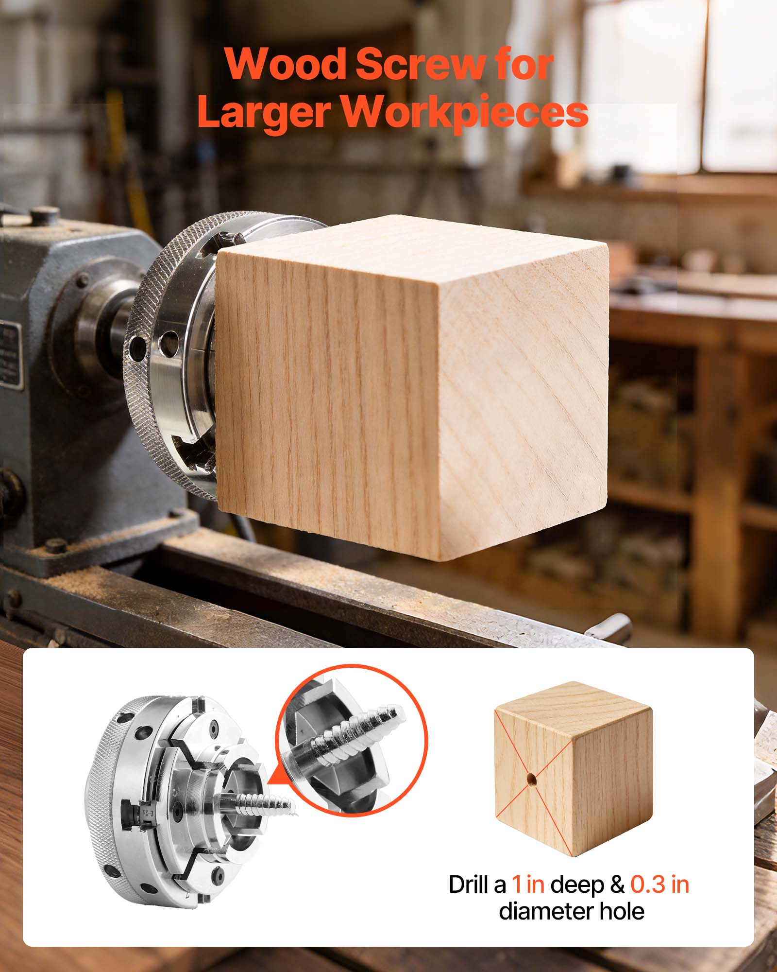 Wood Screw for Larger Workpieces

Drill a 1 in deep & 0.3 in diameter hole