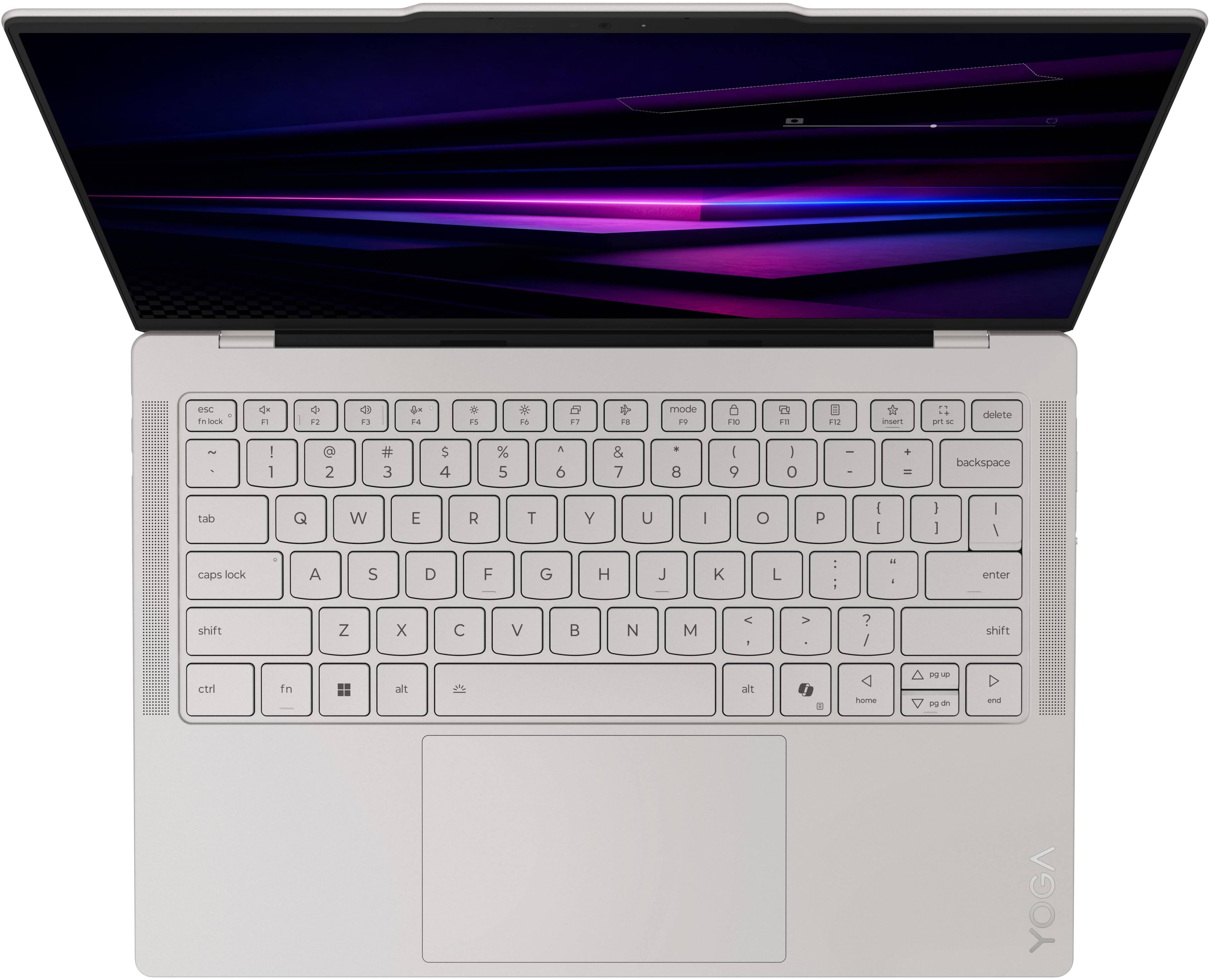 Sure, here is the corrected and grouped text:

- esc
- fn lock
- F1
- F2
- F3
- F4
- F5
- F6
- F7
- F8
- F9
- F10
- F11
- F12
- prt sc
- delete
- insert
- mode
- backspace
- tab
- Q
- W
- E
- R
- T
- Y
- U
- I
- O
- P
- { }
- |
- enter
- caps lock
- A
- S
- D
- F
- G
- H
- J
- K
- L
- ; :
- "
- shift
- Z
- X
- C
- V
- B
- N
- M
- < >
- ?
- ctrl
- fn
- alt
- alt
- home
- pg up
- pg dn
- end
- YOGA