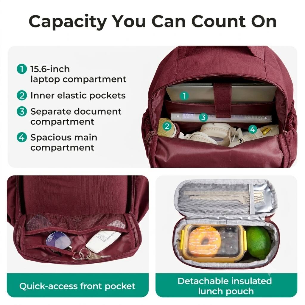 Capacity You Can Count On

1. 15.6-inch laptop compartment
2. Inner elastic pockets
3. Separate document compartment
4. Spacious main compartment

Quick-access front pocket

Detachable insulated lunch pouch