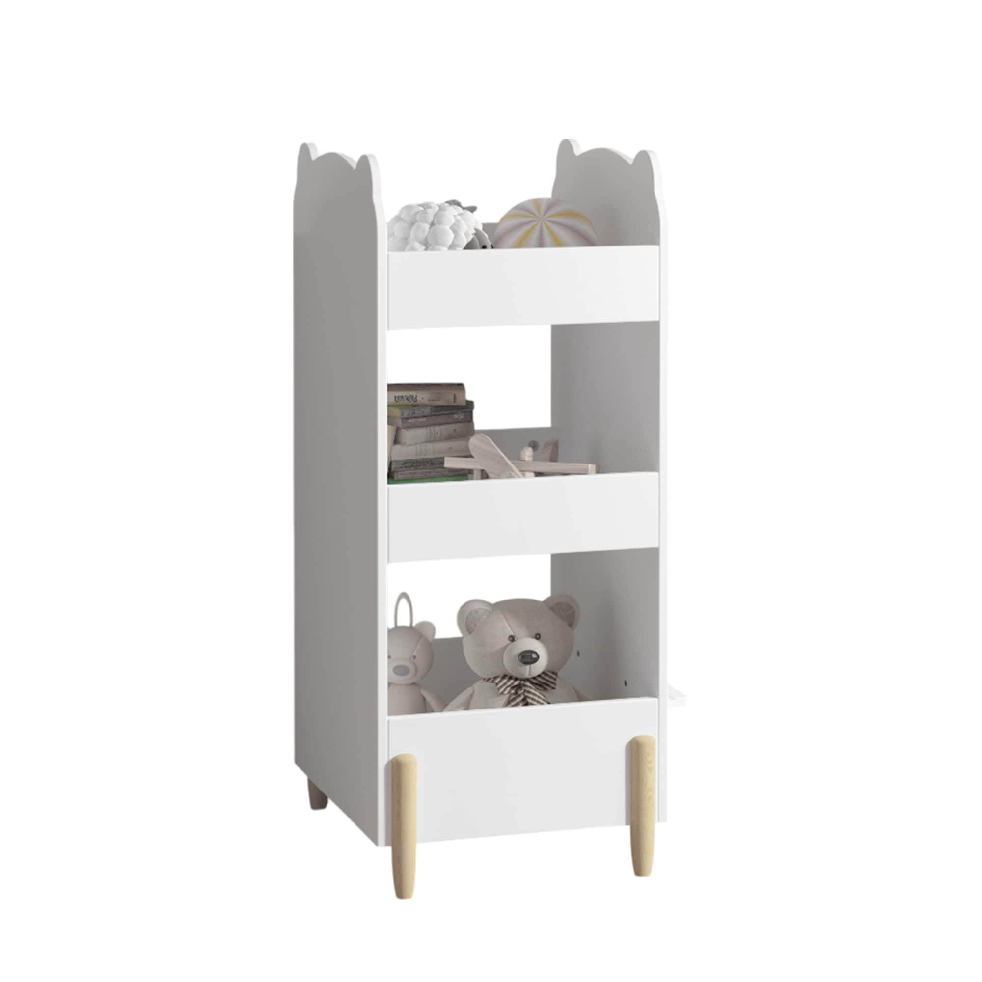 Spaco - Kids Wooden Bookshelf with Chalkboard, Bear-Shaped 3-Tier Storage, Toy & Book Organizer for Playroom Bedroom - White