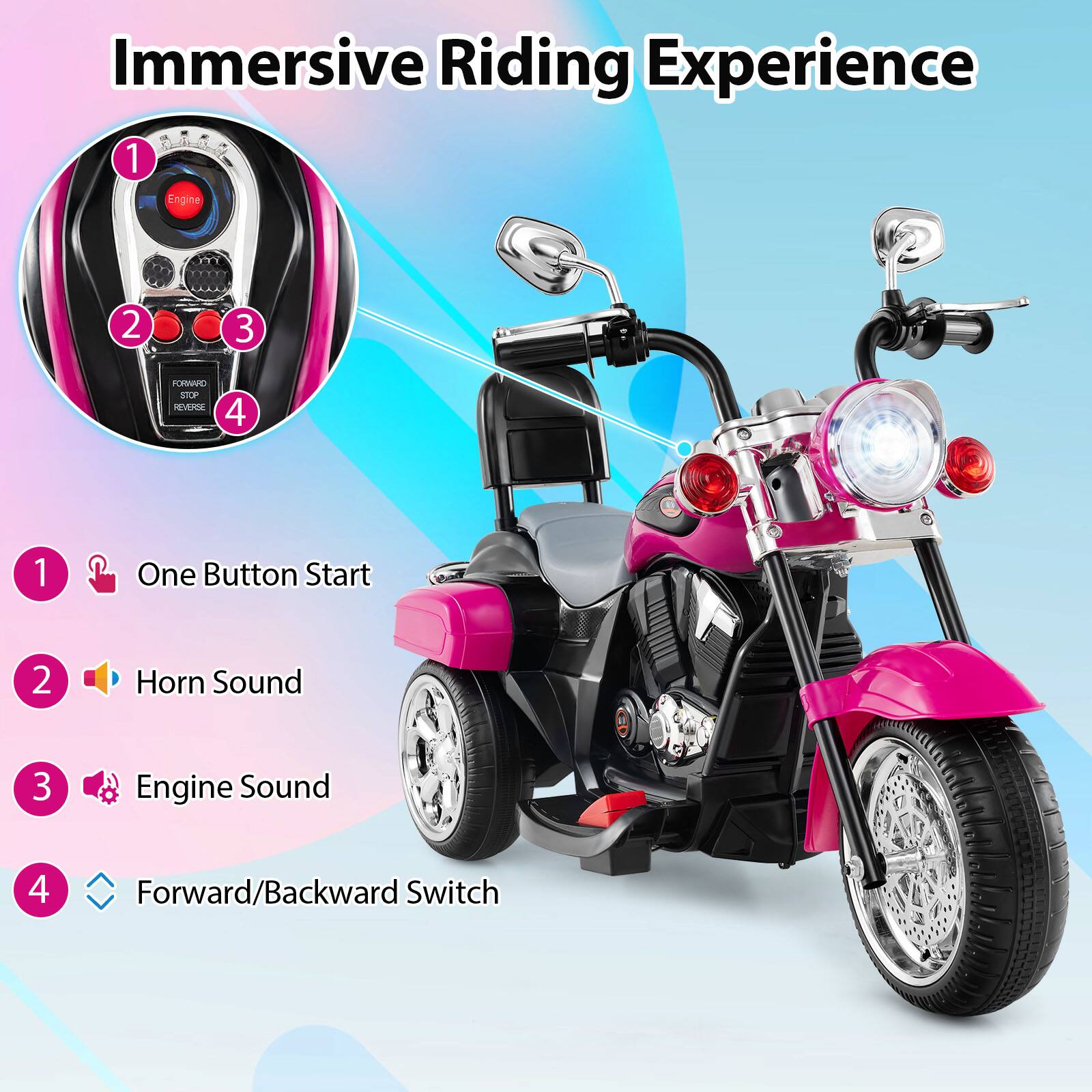 Immersive Riding Experience

1. One Button Start
2. Horn Sound
3. Engine Sound
4. Forward/Backward Switch