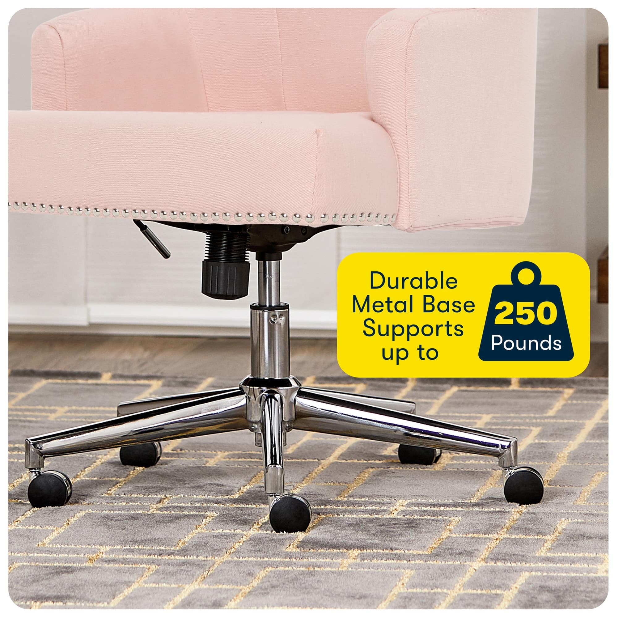 The image features a pink chair with a metal base that supports up to 250 pounds. The chair is placed on a carpeted floor, and the metal base is designed to be durable and sturdy. The chair appears to be comfortable and well-suited for various activities, such as working or relaxing.