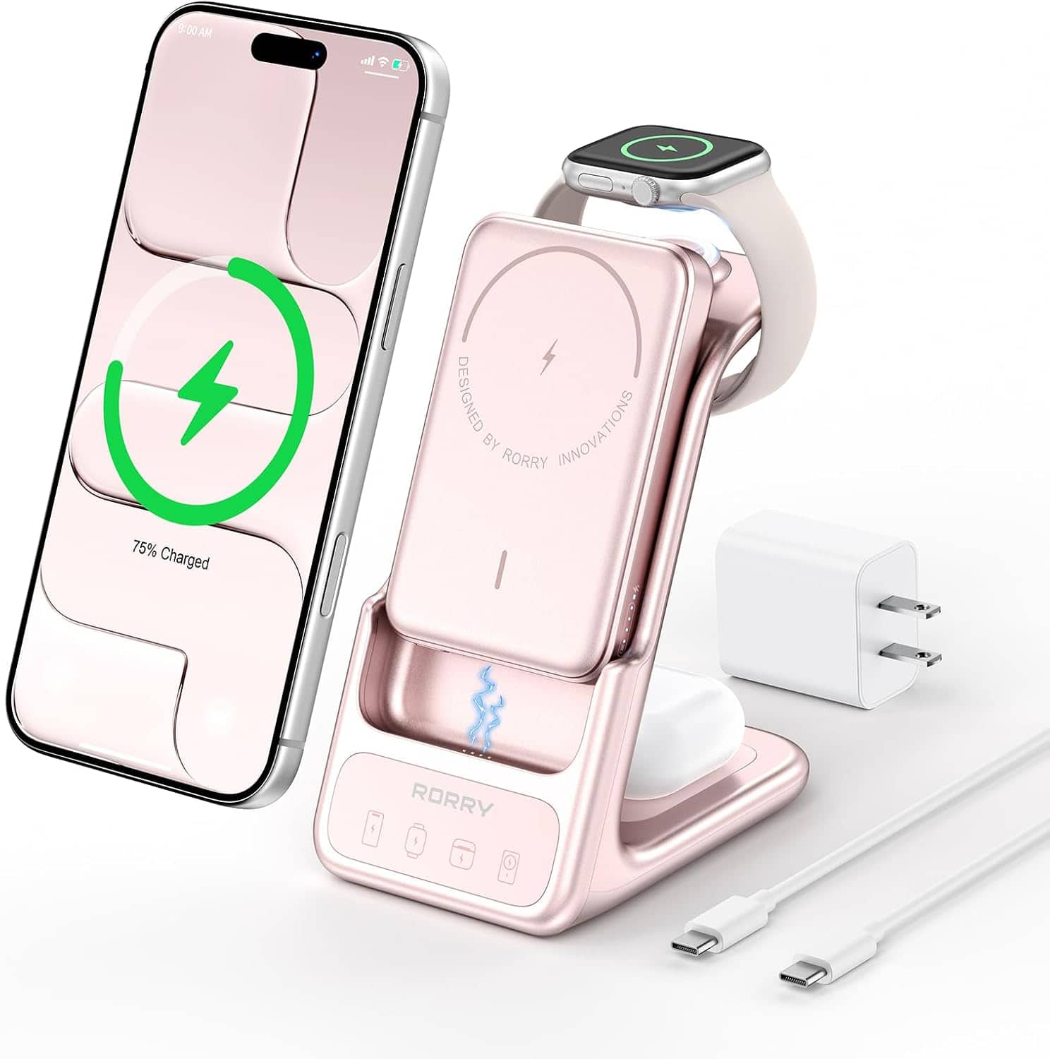 RORRY - AuraDock 3-in-1 5000mAh Charging Station, 20W Magnetic Wireless Charger for iPhone, Apple Watch & AirPods - Pink