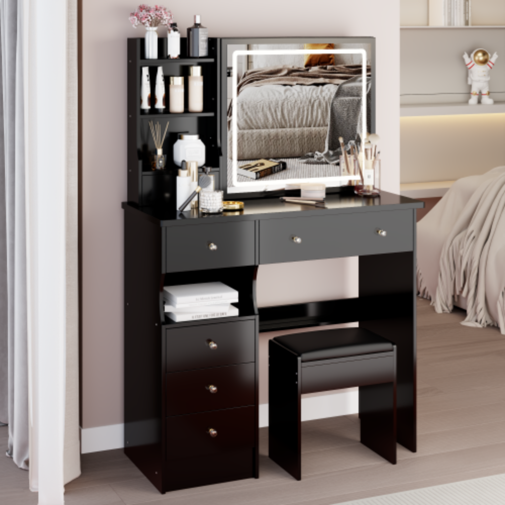 Alt View 2. LUCKY ONE - 37in Freestanding Vanity Set with Sliding LED Mirror, Stool and Drawers for Bedroom - Black.
