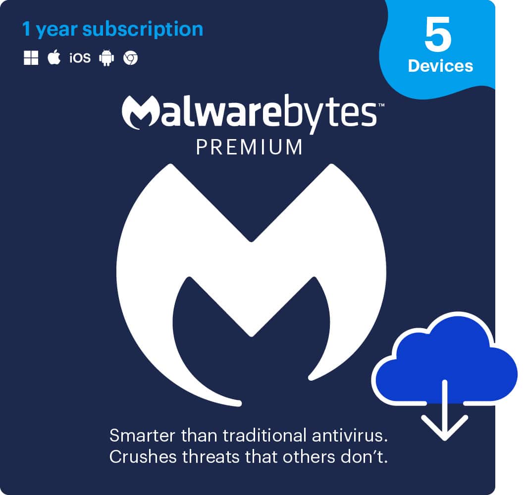 "1 year subscription, 5 iOS devices, alwarebytes PREMIUM - Smarter than traditional antivirus. Crushes threats that others don't."