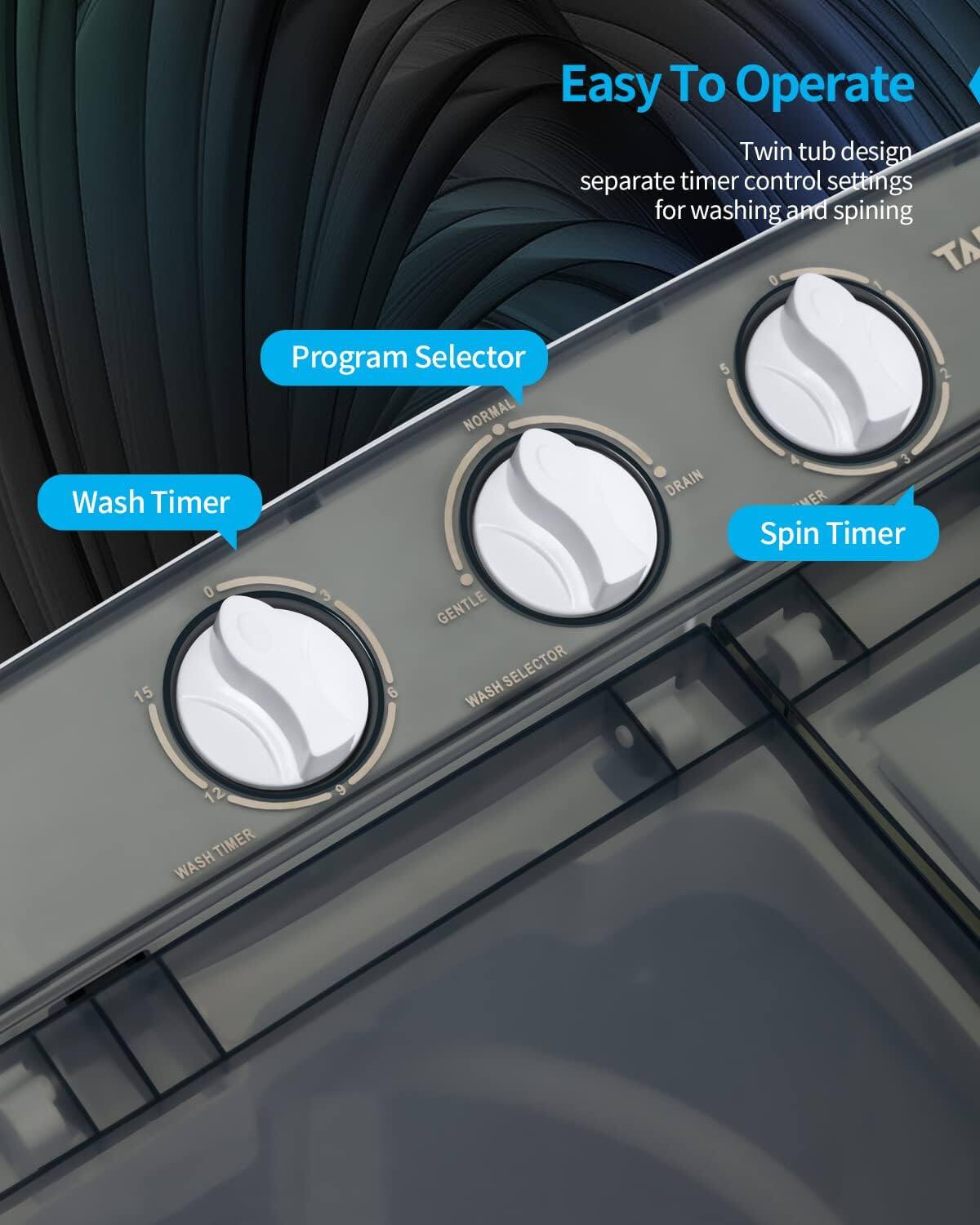 Easy To Operate  
Twin tub design separate timer control settings for washing and spinning  

Program Selector  
Wash Timer  
Spin Timer  

WASH SELECTOR  
GENTLE  
NORMAL  
DRAIN  

WASH TIMER  
0  
9  
12  
15  

SPIN TIMER  
0  
3  
6  
9