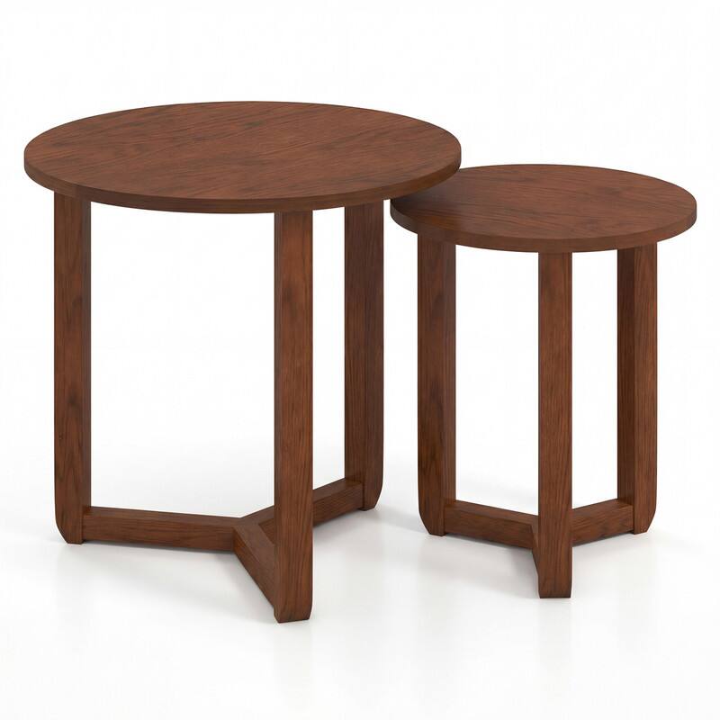 Left. WELLFOR - Round Nesting Coffee Table with Thickened Top, Set of 2 Wood Center Table End Tables Table for Living Room - Walnut.