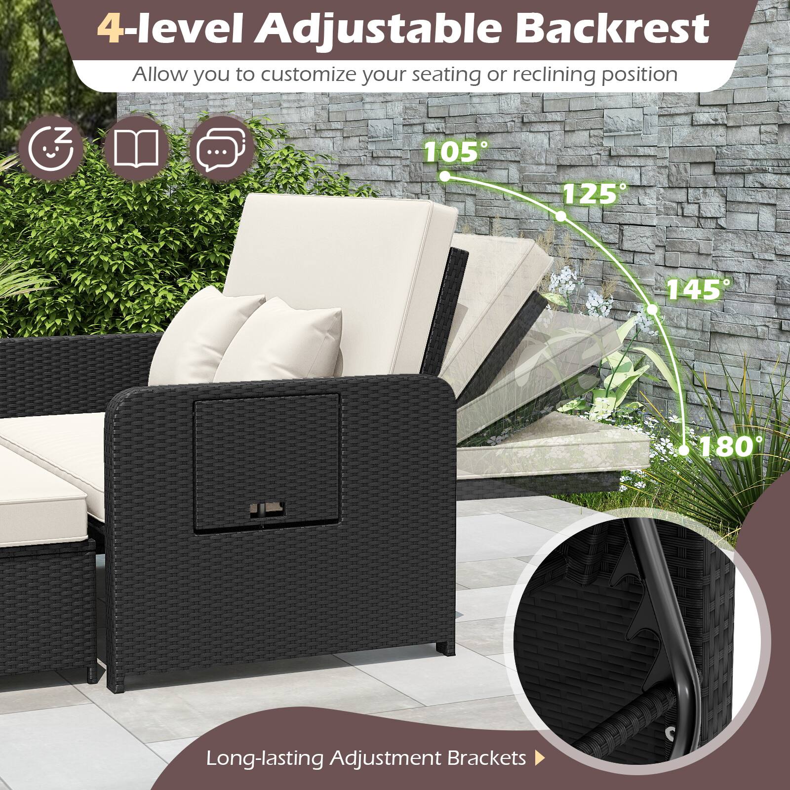 4-level Adjustable Backrest  
Allow you to customize your seating or reclining position  

105°  
125°  
145°  
180°  

Long-lasting Adjustment Brackets