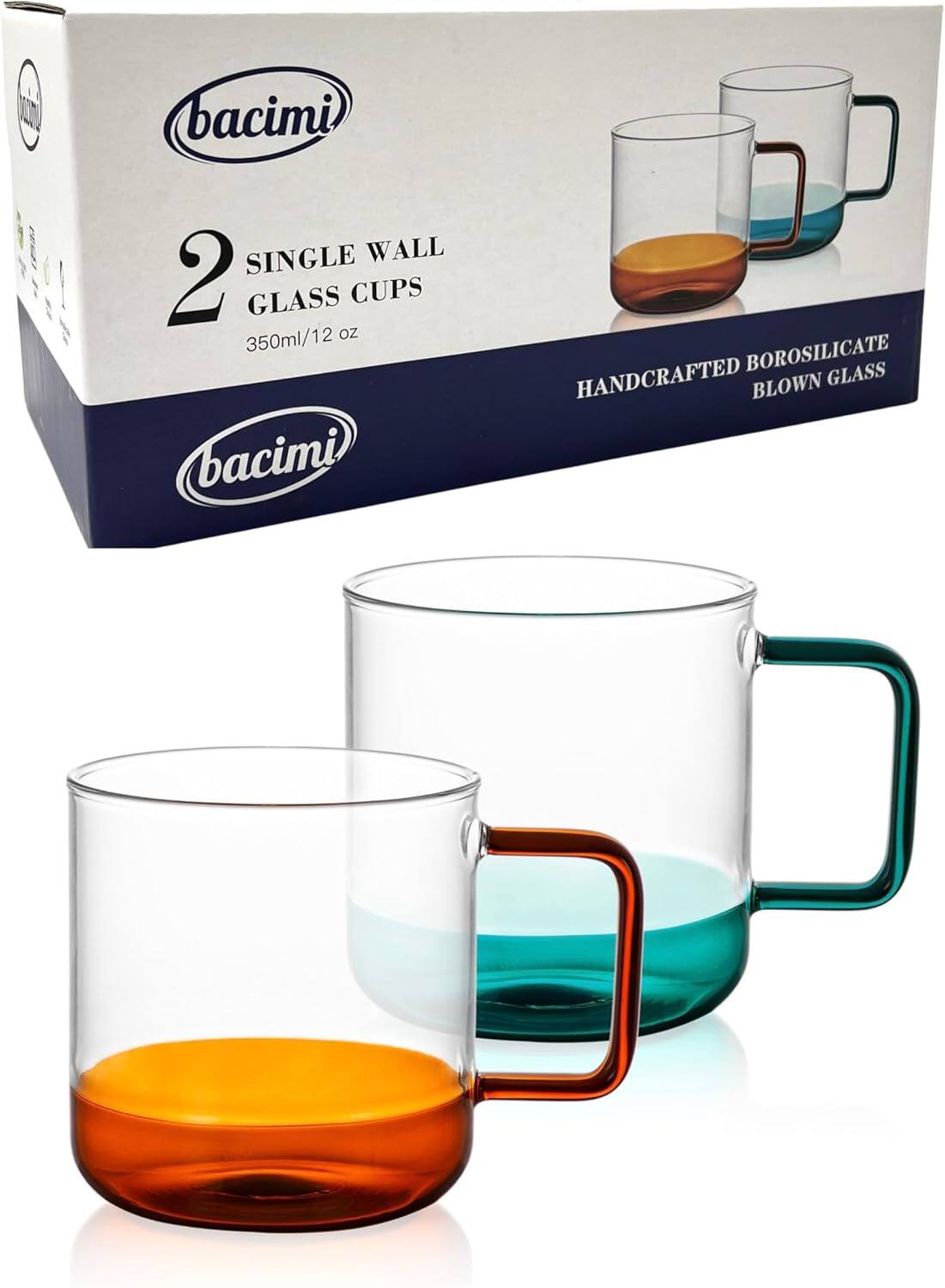 bacimi 2 SINGLE WALL GLASS CUPS 350ml/12 oz bacimi BOROSILICATE HANDCRAFTED BLOWN GLASS