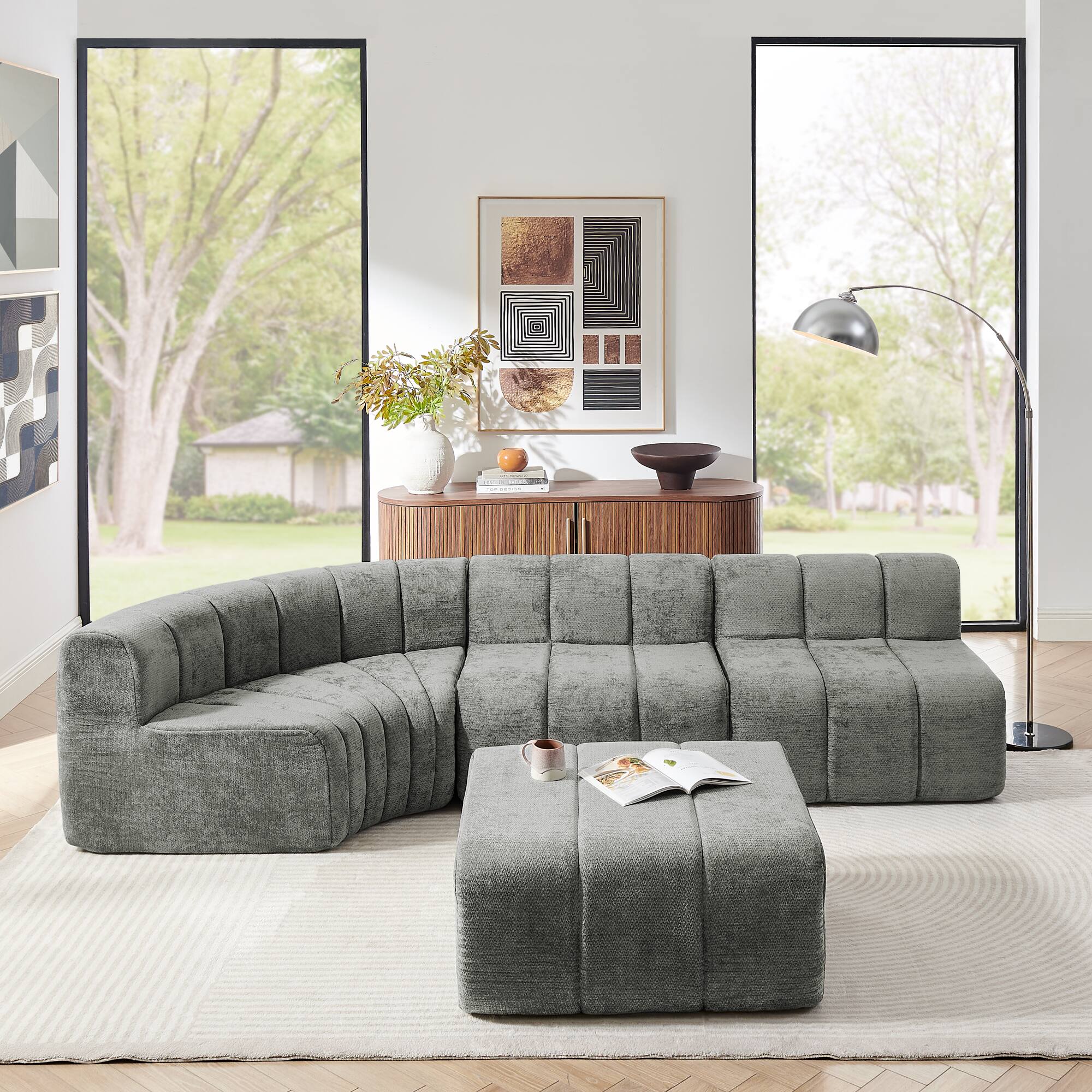 Angle. Whisen - Modern Semi-Curved Sectional Chenille Floor Sofa with Movable Ottoman for Living Room - Dark Gray.