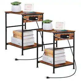 Oumilen - Rustic 2-Tier End Table with Built-in Charging Station - Brown