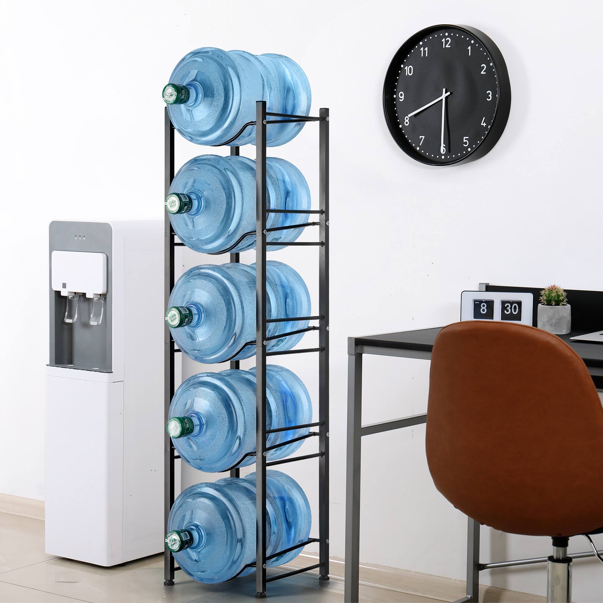 Back. Oumilen - Black 5-Tier Square Tube Water Jug Rack, 5 Gallon Water Bottle Storage Stand with Adjustable Feet - Black.