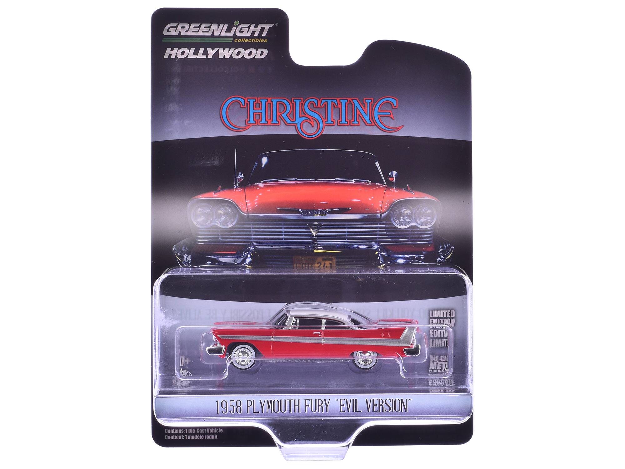 GREENLIGHT collectibles HOLLYWOOD  
CHRISTINE SER 211 ALIVE BF POSSIBI I LIMITED EDITION EDITIO LIMIT  
1958 PLYMOUTH FURY EVIL VERSION  
Contains: - Die-Cast Vehicle  
Contient: - modèle réduit