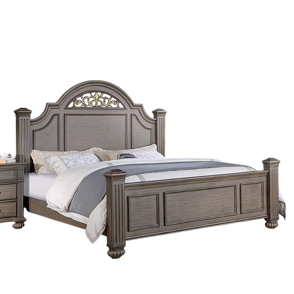 Angle. Tiramisubest - King Size Gray Panel Bed with Floral Headboard, Solid Wood, 93x82x67, 150 lbs - Gray.