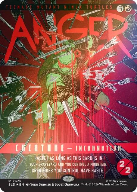 TEENAGE MUTANT NINJA TURTLES 3  
ANGER CREATURE - INCARNATION  
HASTE | AS LONG AS THIS CARD IS IN YOUR GRAVEYARD AND YOU CONTROL A MOUNTAIN. 2 CREATURES YOU CONTROL HAVE HASTE.  
2 R 2375 SLD * EN  
YUKO SHIMIZU & SCOTT OKUMURA  
TM & © 2026 Viacom. 2026 Wizards of the Coast
