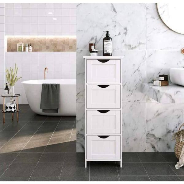 Angle. Hivvago - Modern Farmhouse 4-Drawer Bathroom Linen Floor Cabinet in White Wood Finish - White.