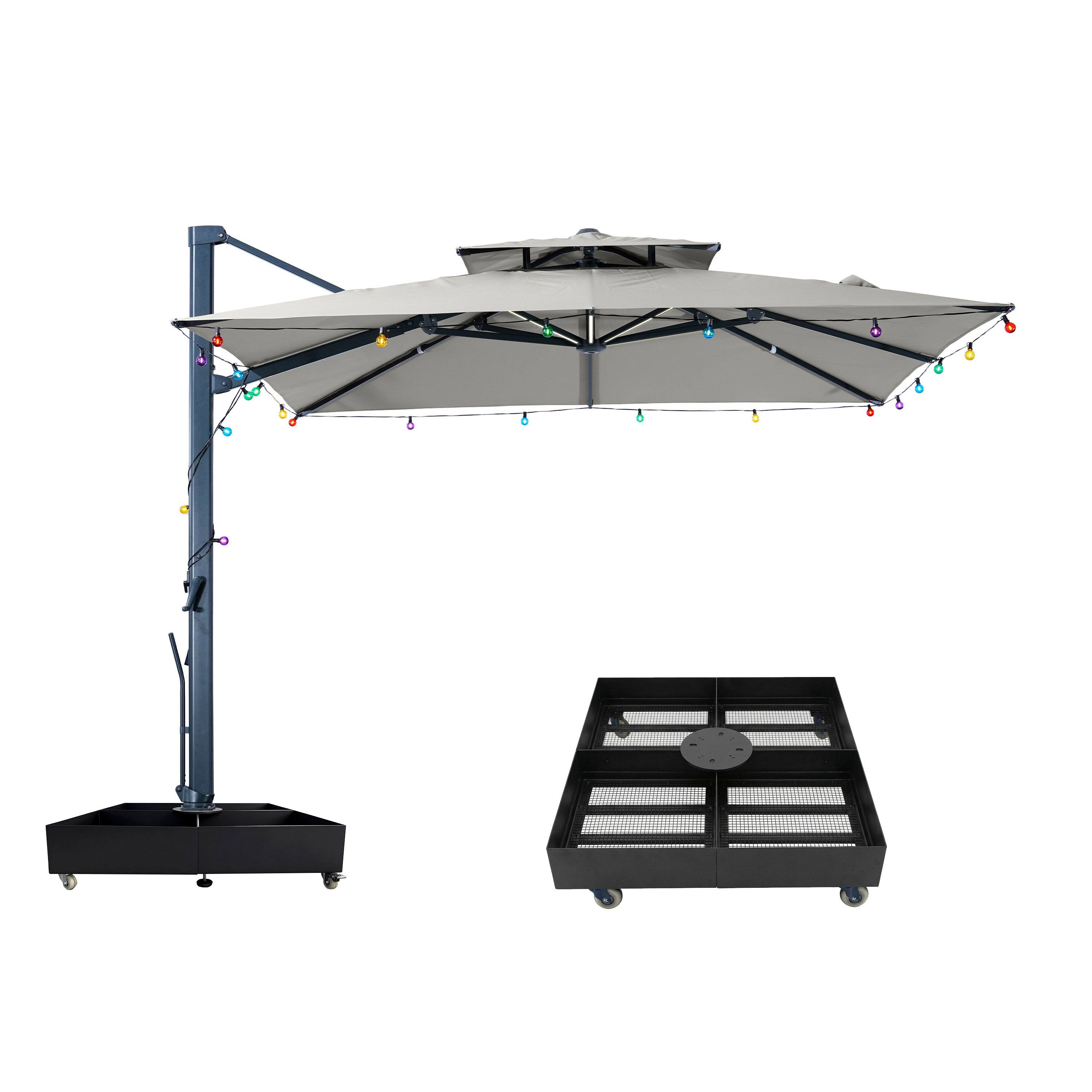 Angle. Mondawe - 10x10ft Cantilever Patio Lighted Umbrella with DIY Drape Hook and Base - Gray.