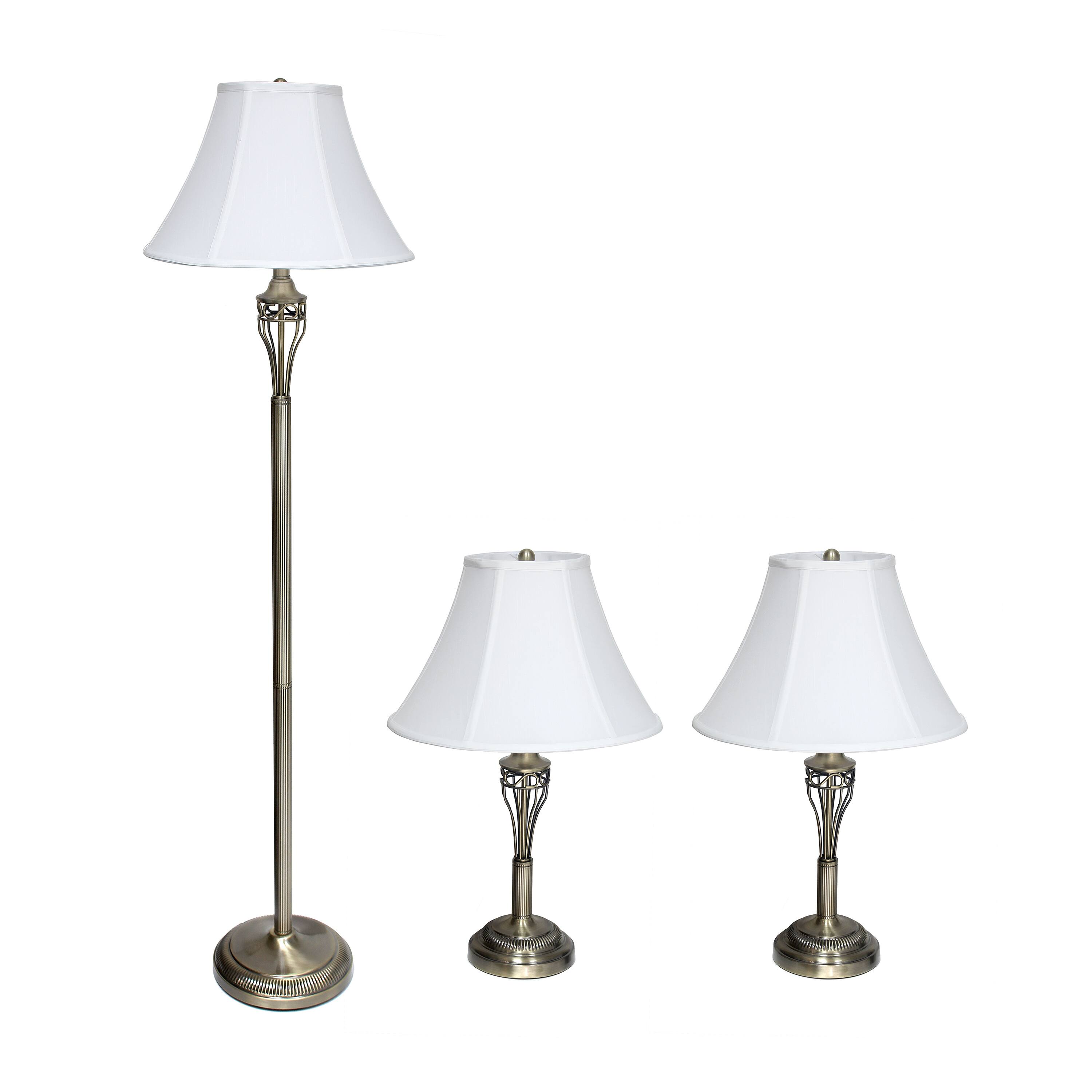 Front. Lalia Home - 3 Piece Metal Lamp Set with White Empire Fabric Shades - Antique Brass.