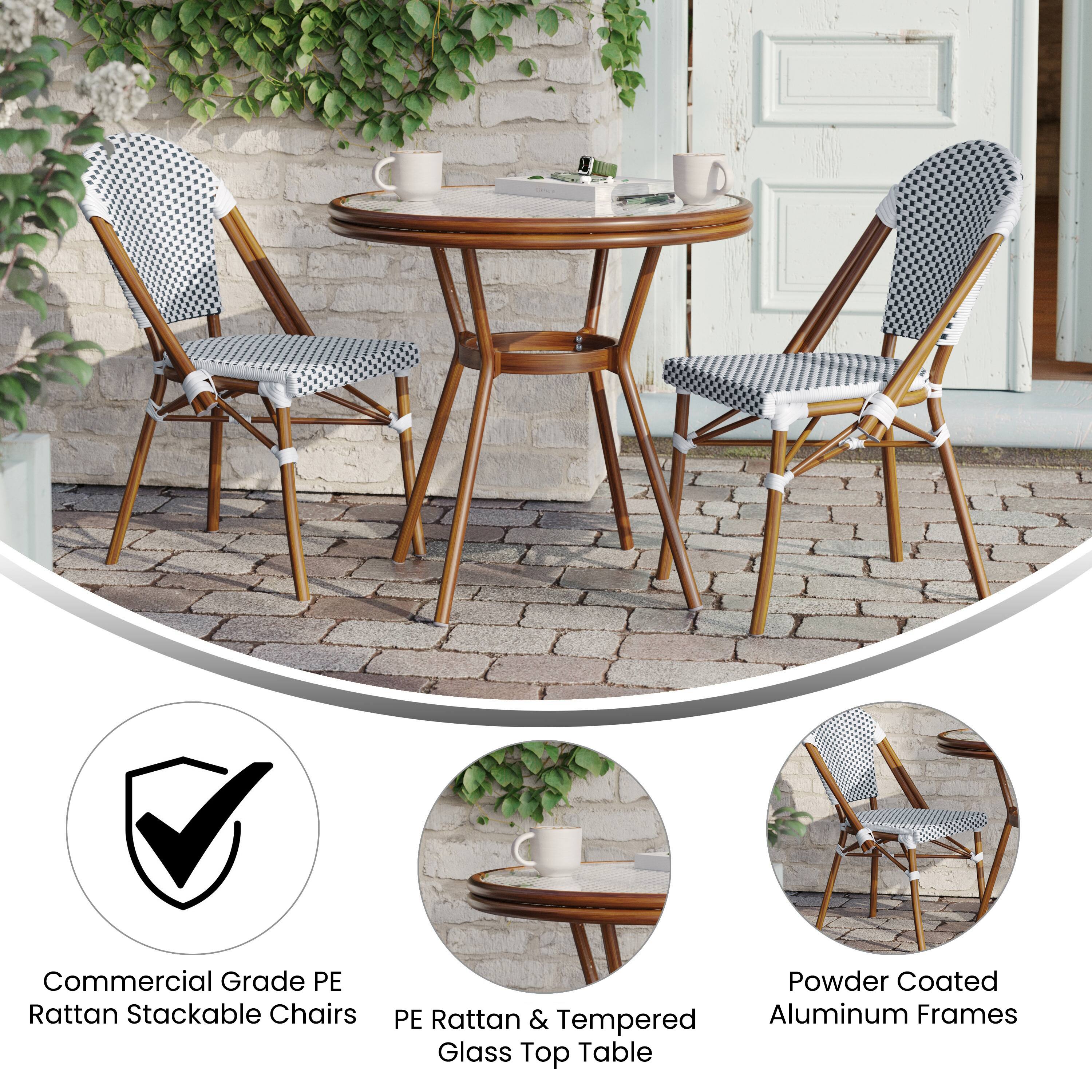 Commercial Grade PE Rattan Stackable Chairs  
Powder Coated PE Rattan & Tempered Aluminum Frames  
Glass Top Table